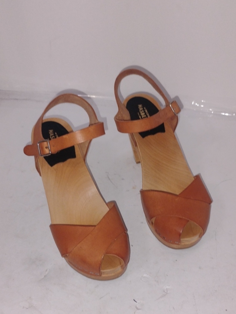 Swedish Hasbeens Cognac Leather Slingback Peep-Toe Sandals